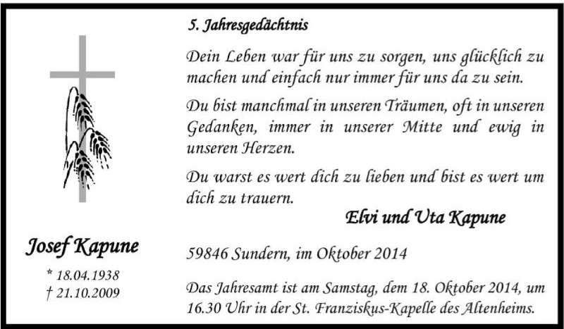  Traueranzeige für Josef Kapune vom 14.10.2014 aus Tageszeitung